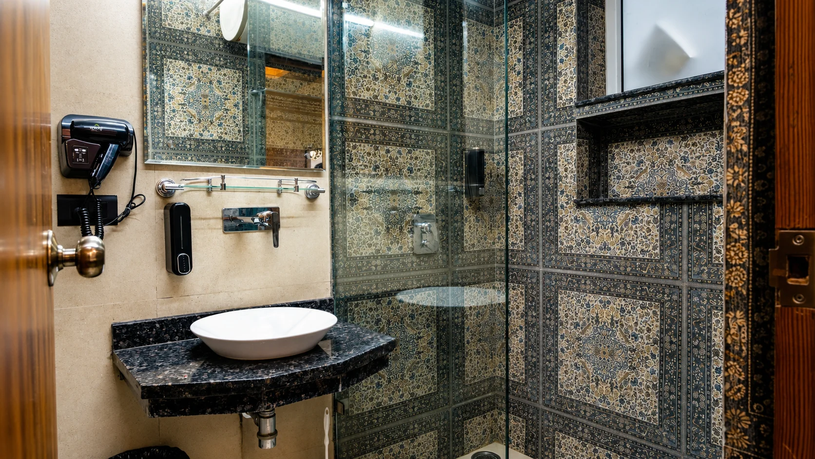 Spotless luxury washroom with modern Kohler fittings in our Dehradun guesthouse